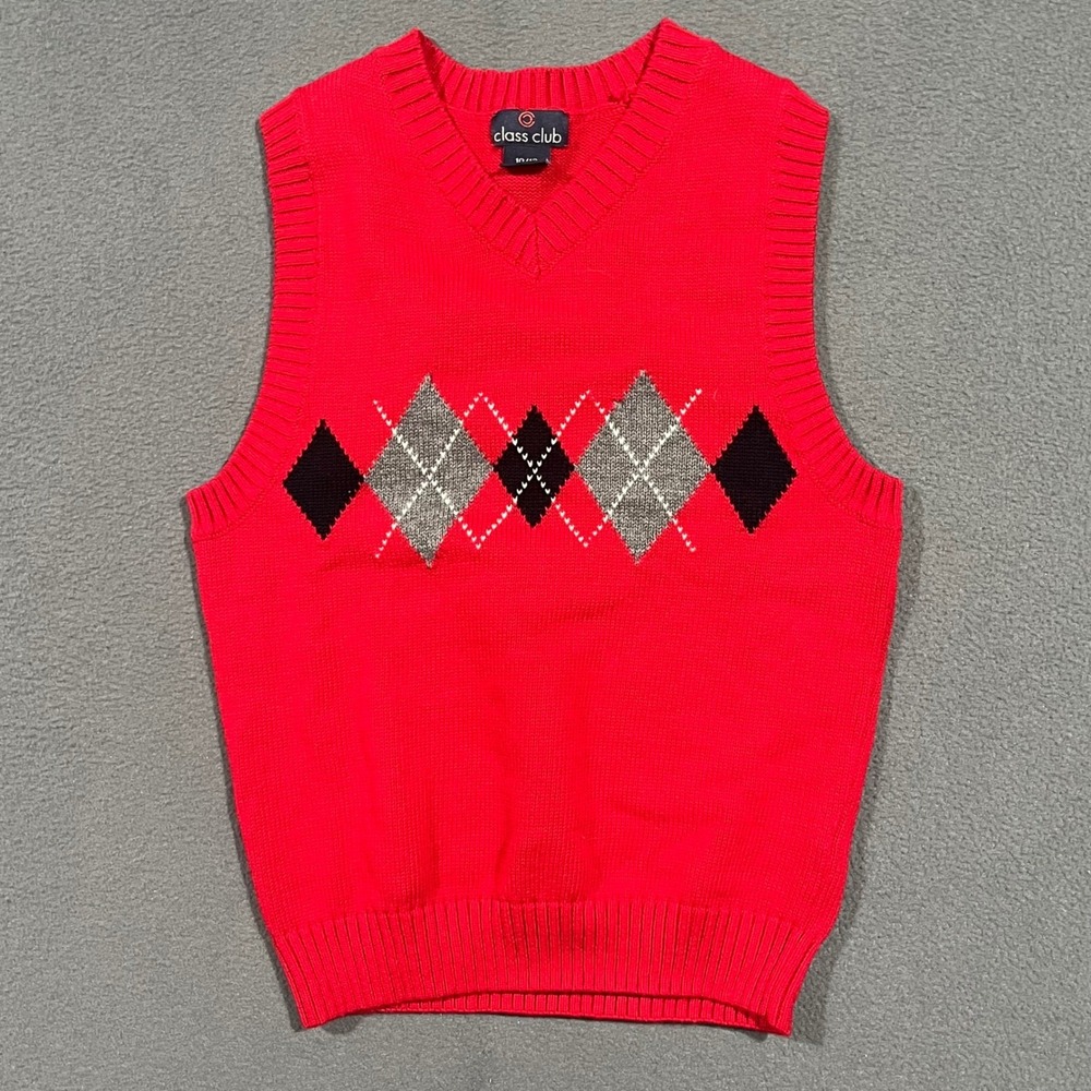 Class Club Kids Red Argyle V Neck Sweater‎ Vest Size 10 12 Cotton